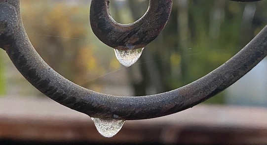 zwei gefrorene Tropfen Wasser hängen an Metallnund Spinnweben nutzen die Eistropfen