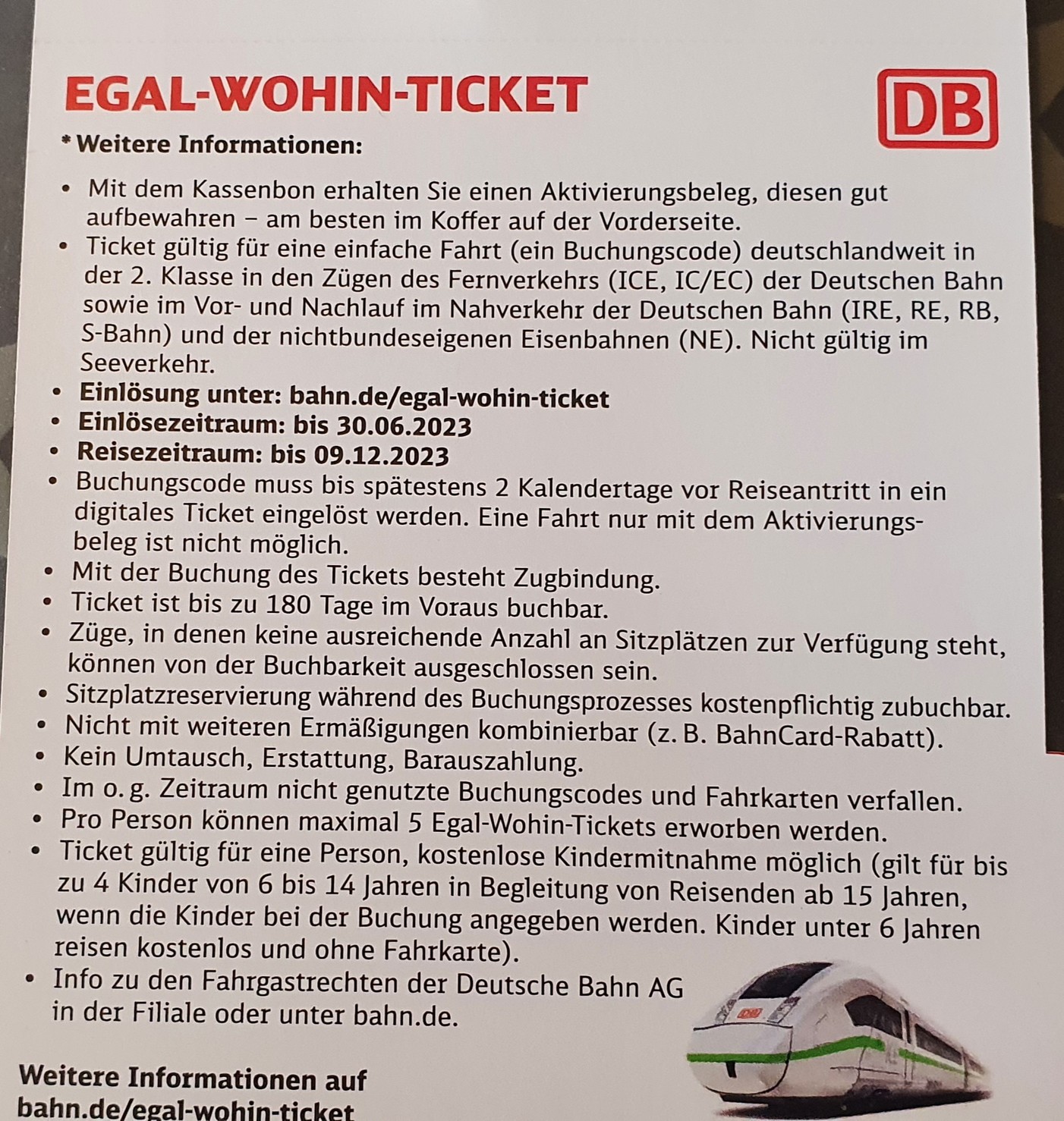 Foto von den Einzelheiten in Textform zum Egal-Wohin-Ticket auf der Rückseite des Tickets der Webseite https://www.bahn.de/angebot/aktionsangebote/egal-wohin-ticket