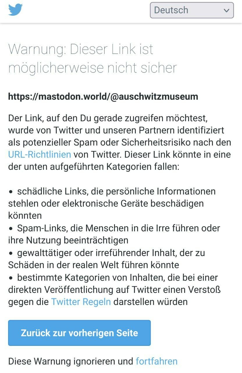 Screenshot einer Twitterwarnung vor vermeindlichem Betrug und Scam auf der Mastodon Seite des Auschwitzmuseums