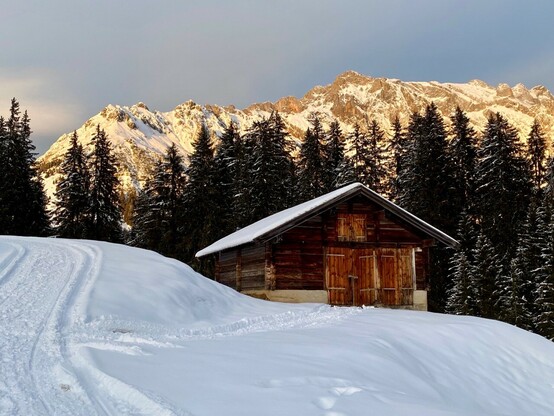 eine Holzhütte im Schnee vor rötlichen Bergen 