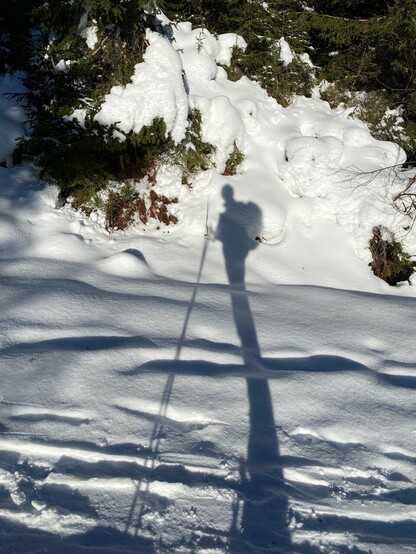 der lange Schatten eines Menschen mit Rucksack und Stöcken im Schnee