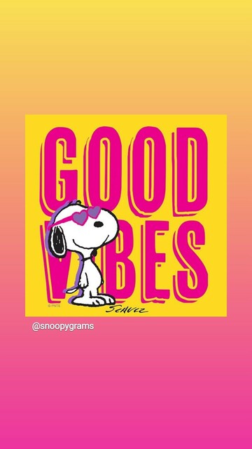 Snoopy mit Herzchensonnenbrille vor einem großen Plakat, auf dem in rosa Lettern 'Good vibes' steht