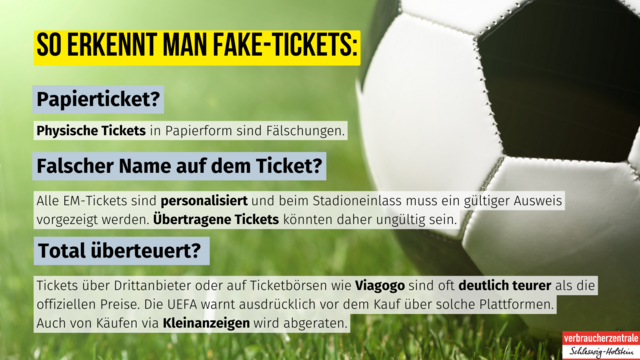 So erkennt man Fake-Tickets:
Papierticket?
Physische Tickets in Papierform sind Fälschungen.
Falscher Name auf dem Ticket?
Alle EM-Tickets sind personalisiert und beim Stadioneinlass muss ein gültiger Ausweis vorgezeigt werden. Übertragene Tickets könnten daher ungültig sein.
Total überteuert? 
Tickets über Drittanbieter oder auf Ticketbörsen wie Viagogo sind oft deutlich teurer als die offiziellen Preise. Die UEFA warnt ausdrücklich vor dem Kauf über solche Plattformen.
Auch von Käufen via Kleinanzeigen wird abgeraten.