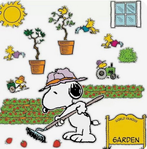 Snoopy und Woodstock bei verschiedenen gärtnerischen Tätigkeiten
