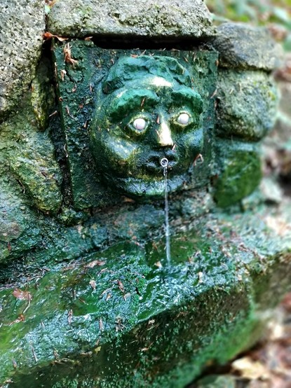 Steinkopf an einer Quelle, der Stein ist grün belegt, das Wasser kommt aus dem gespitzten Mund, die Augen sind glitzernde Metallkugeln