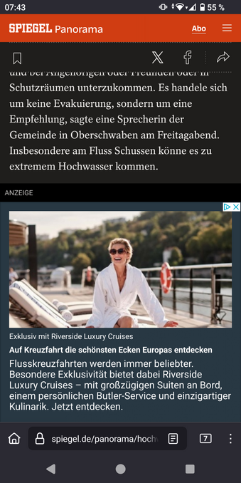 Screenshot von spiegel.de: Im Artikel zu dem bevorstehenden Überschwemmungen in Süddeutschland wird für Riverside Luxury Cruises geworben.