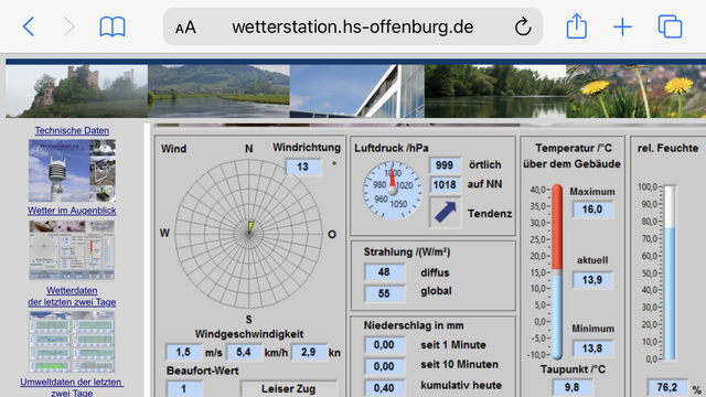 Screenshot der Wetterstation, 13,9 °C und leichter Zug aus Nord