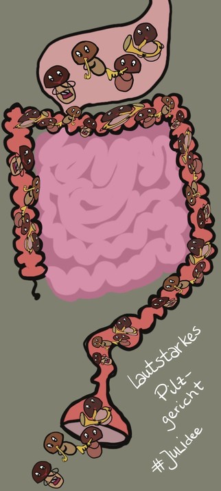 Illustration of a human digestive system with music-playing mushrooms throughout. Text reads 
