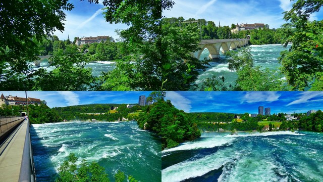 Der Rheinfall (Wasserfall)in der Schweiz,von der Seite und von einer Brücke fotografiert.
