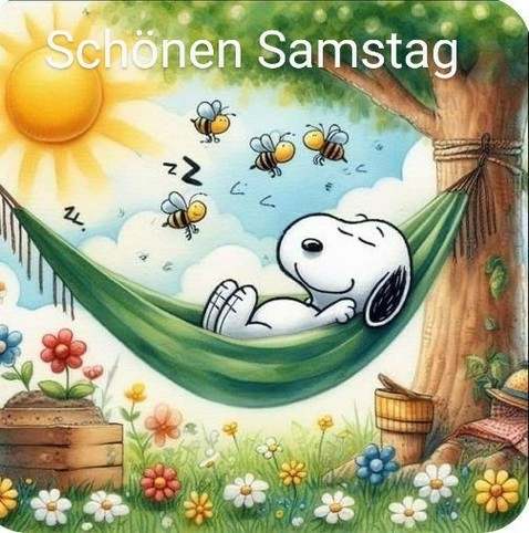 Snoopy liegt bei Sonnenschein in einer Hängematte. Schönen Samstag 