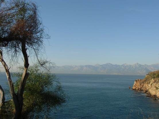 Blick aufs Meer, links ein Baum, rechts Felsvorsprung, im Hintergrund eine Gebirgskette, darüber blauer Himmel