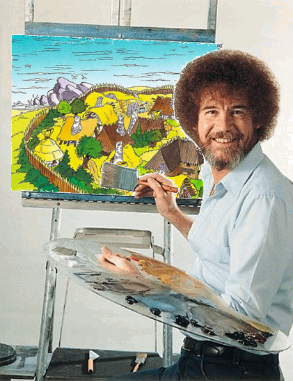 Der Maler Bob Ross steht vor einer Staffelei, auf deren Zeichenfläche ein Bild vom gallischen Dorf kopiert wurde.