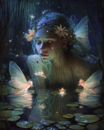 Eine Frau in einem Teich, umgeben von Feen und Seerosen. Es ist Nacht