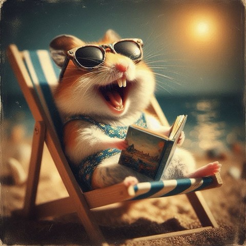 KI-Bild (DALL•E3):

Hamster Holly lacht mit der Sonne um die Wette. Er sitzt in einem Strandliegestuhl und liest ein Buch. Ein kleiner Hamster genießt den Tag!