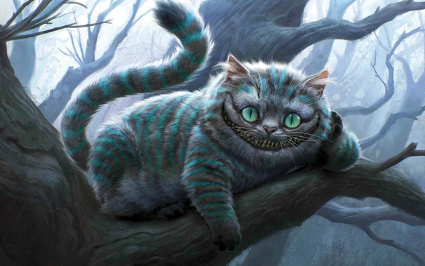 Cheshire cat lying on the branches of a bare tree.
Alice in wonderland