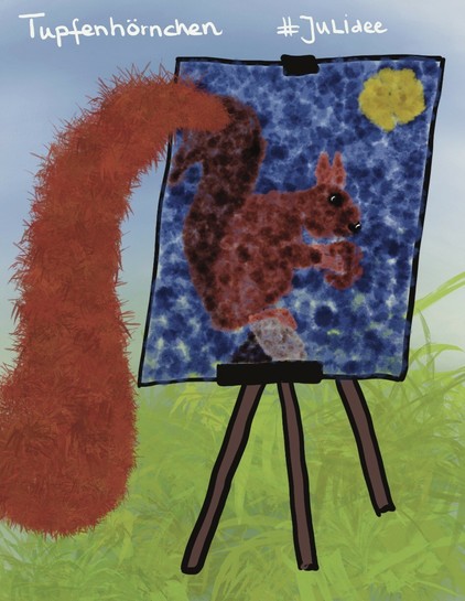 A painting of a squirrel with a nut in its hands is on an easel. The picture seems to be painted by a squirrel’s tail. Background shows a grassy field and a blue sky.
Ein Gemälde eines Eichhörnchens mit einer Nuss in den Händen befindet sich auf einer Staffelei. Das Bild scheint von einem Eichhörnchenschwanz gemalt zu sein. Der Hintergrund zeigt ein grasbewachsenes Feld und einen blauen Himmel.
