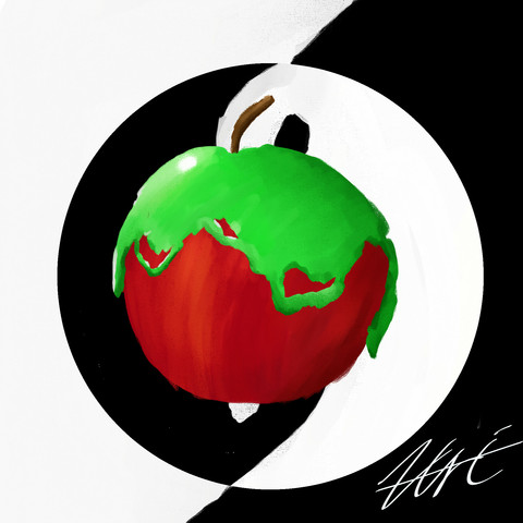 Eine Zeichnung eines roten Apfels überzogen mit giftgrünem Schleim.
Im Hintergrund ein Yin und Yang symbol, welches nach außen noch einmal invertiert ist.