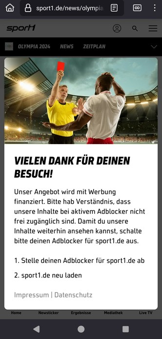 Adblocker-blocker from sport1.de showing a referre presenting a red card.