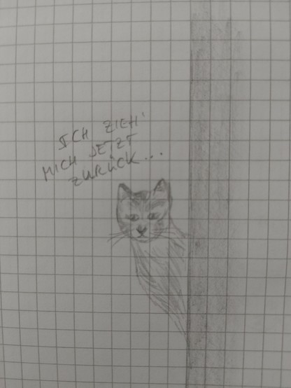 Zeichnung einer Katze, die hinter einer Wand hervorschaut, Bildüberschrift: 
