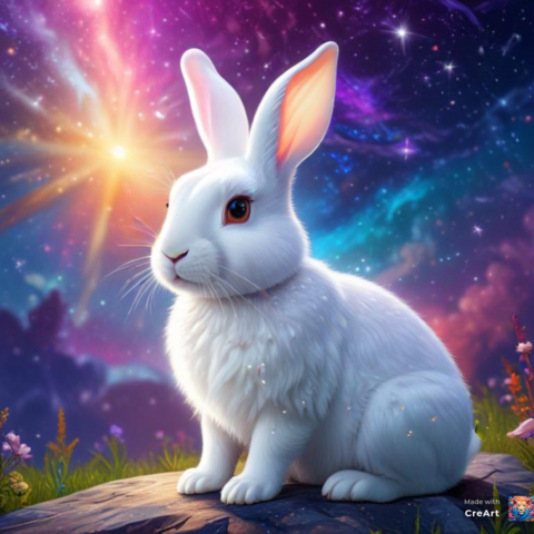 KI Bild. Weißer Hase sitzt auf einem flachen grauen Stein unter einem magisch bunten Sternenhimmel. 