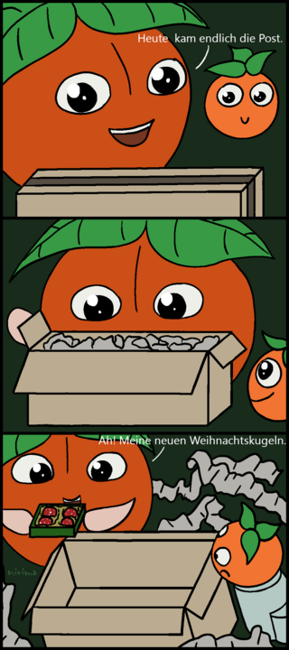 ein Tomaten-Comic bei dem etwas in einem viel zu großen Karton geliefert wird