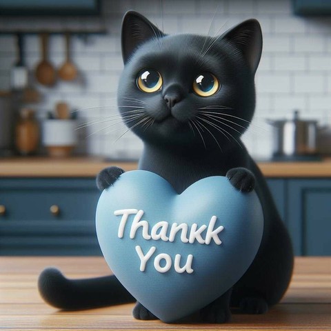 KI Bild, Pixar Stil. Ein schwarzes Kätzchen sitzt auf einem Küchentisch und hält ein blaues Herz in den Pfoten, auf dem steht: Thank you.