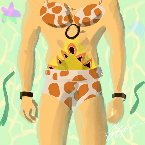 Oberkörper eines Mannes, der im flachen Wasser liegt. Er Trägt eine Badehose und ein Bikinioberteil mit Giraffenmuster. Ober und unterteil sind Mit einem Ring und einem Stück Stoff verbunden. Digitale Zeichnung.