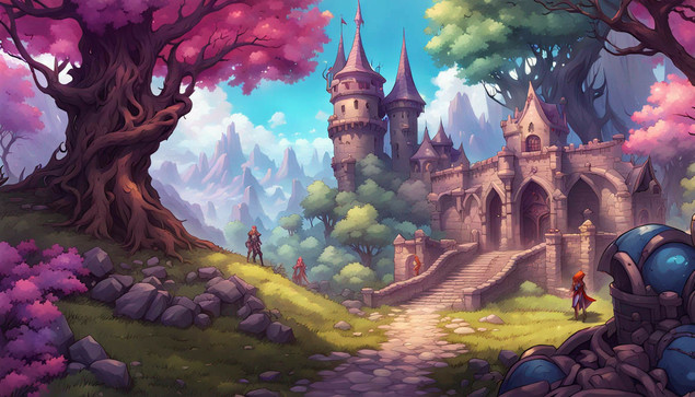 ein Schloss, ein großer pinker Baum und eine magische Landschaft (von mir selbst gemachtes AI)
