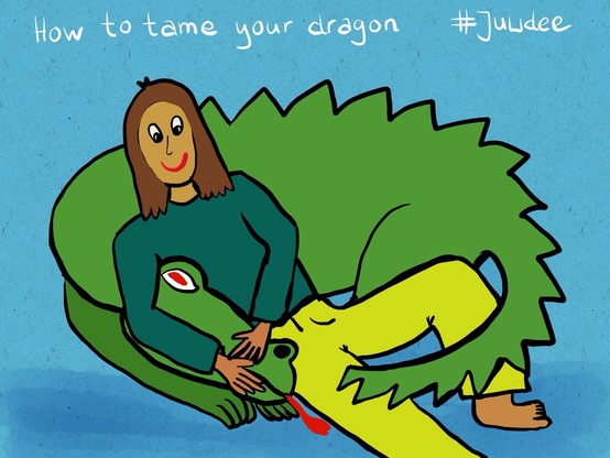 A cartoon of a person with long hair sitting on the ground, hugging a green dragon. The text 