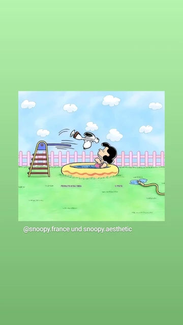 Snoopy springt von einer Leiter zu Lucy in den Pool, die darüber gar nicht erfreut ist. 