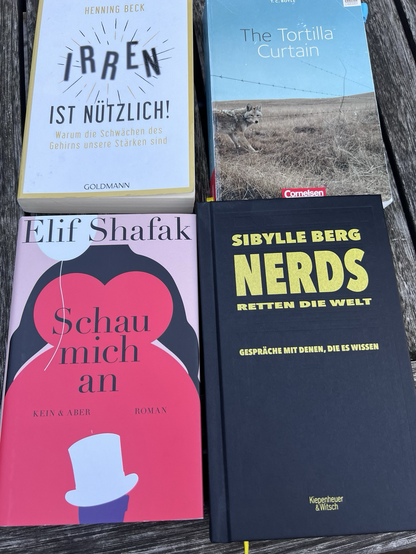 Vier Bücher: Sybille Berg - Nerds, elif Shahak - Schau mich an, Henning Beck - irren ist nützlich, T. C. Boyle - The Tortilla Curtain