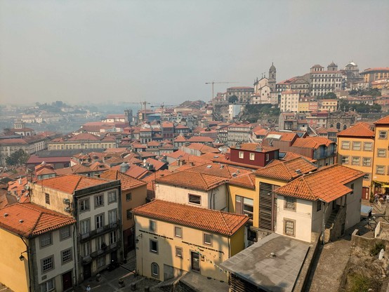 Blick über einen Teil der Altstadt von Porto, der am Hang zum Douro liegt. Viele kleine Dächer und dahinter oben auf dem nächsten Hügel große alte Paläste