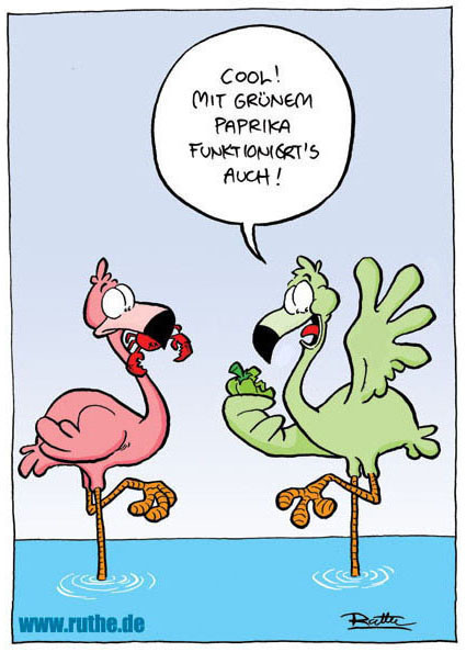 Zwei Flamingos. Der linke ist rosa, mit einer Krabbe im Schnabel. Der rechte ist grün. Begeistert schaut er auf sein Gefieder und sagt: "Cool! Mit grünem Paprika funktioniert's auch!&quot;