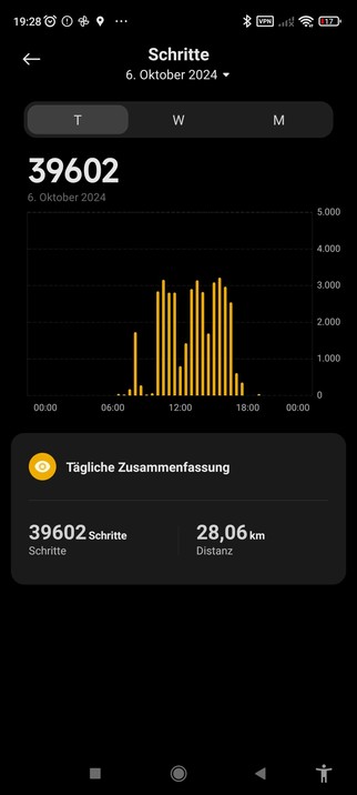 Screenshot aus der App einer Smartwatch. Diese zeigt über 28km und 39602 Schritte an.