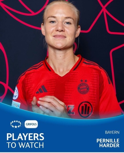 A woman with blonde hair is wearing a red Bayern Munich jersey, smiling and posing for the camera. The background features a pink graphic design. Text at the bottom indicates her name, 