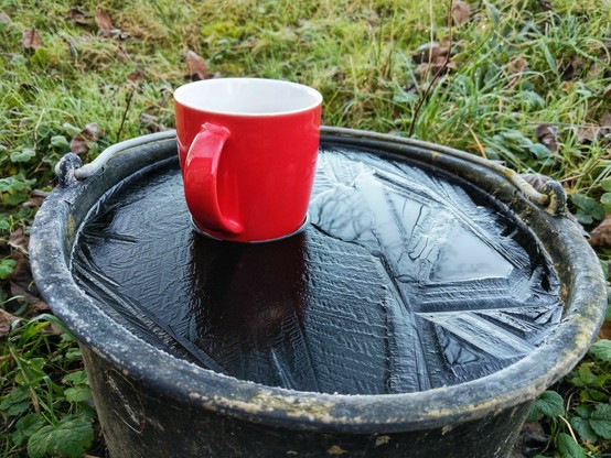 eine rote Tasse steht auf der Eisfläche, die sich auf einem Eimer voller Wasser gebildet hat 