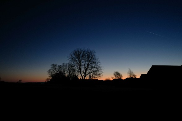 unter dunkelblauem Himmel zeigt sich am Horizont orange Farbe.nBlick über eine Wiese mit Silhouette von zwei Laubbäumen und Bauernhof rechts 