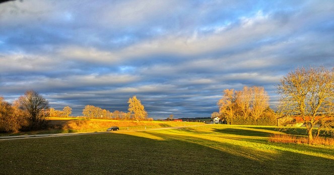 von der Sonne angestrahlte Wolken,ndrunter eine Wiese zum großen Teil im Schatten eines Hauses und zwei kahle Laubbäume wirken gelblich im warmen weichen Licht 