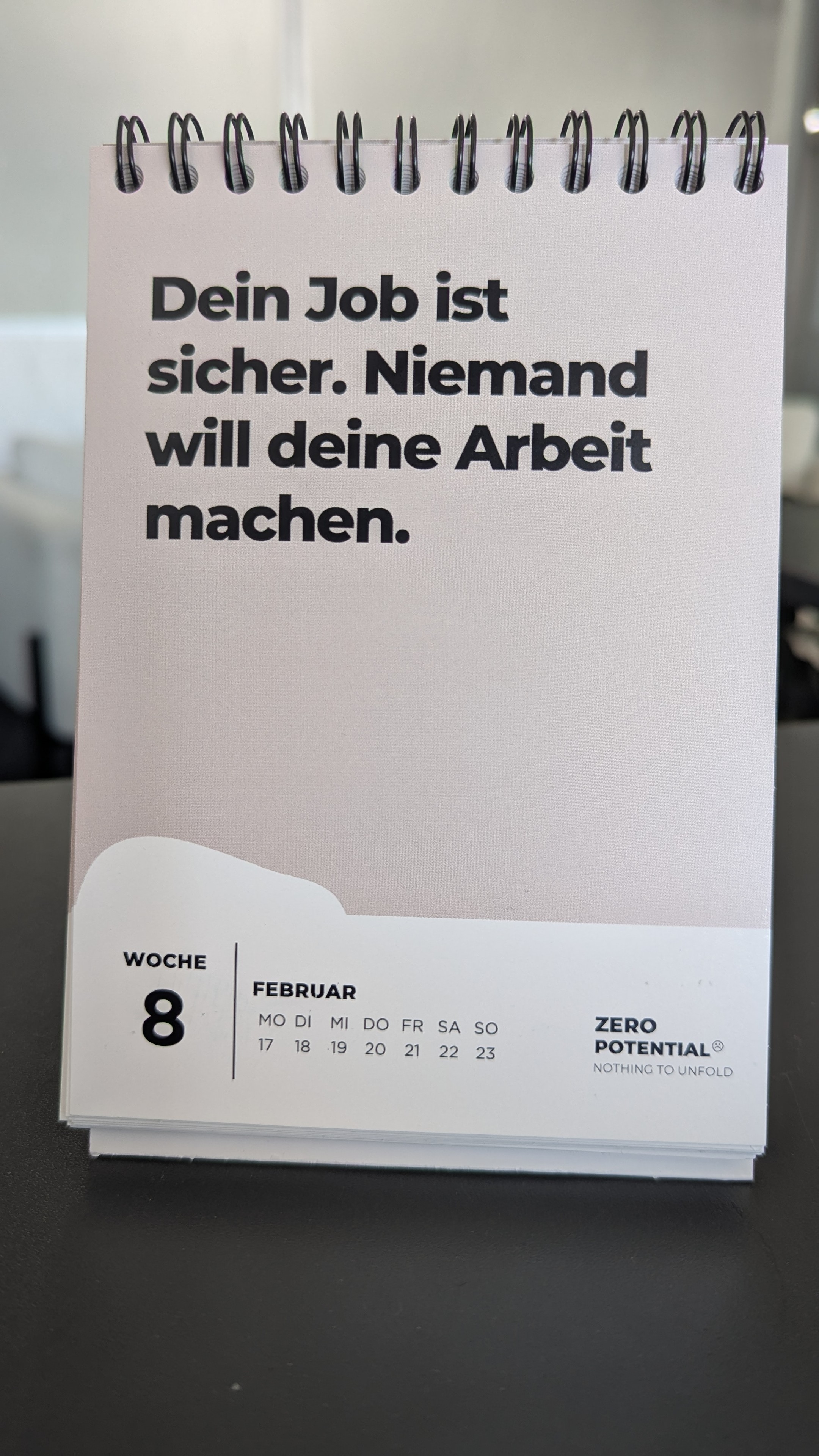 Das Bild zeigt einen Tischkalender mit einer Spiralbindung. Auf der Seite des Kalenders steht in großer, schwarzer Schrift: "Dein Job ist sicher. Niemand will deine Arbeit machen." Darunter befindet sich eine kleinere Sektion, die die Kalenderwoche 8 im Februar anzeigt. Die Tage der Woche sind aufgelistet: Montag (MO) 17, Dienstag (DI) 18, Mittwoch (MI) 19, Donnerstag (DO) 20, Freitag (FR) 21, Samstag (SA) 22 und Sonntag (SO) 23. In der unteren rechten Ecke steht "ZERO POTENTIAL® NOTHING TO UNFOLD".