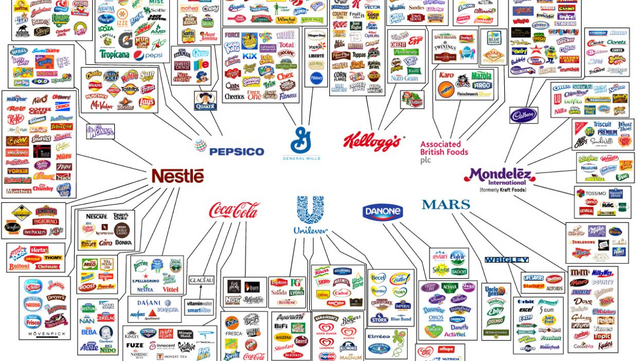 Das Bild zeigt ein Diagramm, das die Besitzverhältnisse verschiedener Lebensmittelmarken durch wenige große multinationale Konzerne veranschaulicht. Im Zentrum des Diagramms stehen Namen wie Nestlé, PepsiCo, General Mills, Kellogg's, Associated British Foods, Mondelez International, Coca-Cola, Unilever, Danone und Mars. Von diesen zentralen Unternehmen gehen Linien zu den Logos zahlreicher bekannter Marken, die zu ihrem jeweiligen Portfolio gehören. Die Anordnung ist so gestaltet, dass man auf einen Blick erkennen kann, welche Marken unter dem Dach welcher Großkonzerne operieren. Die Logos sind vielfältig und umfassen Marken aus Bereichen wie Süßwaren, Getränke, Fertiggerichte und Babynahrung. Das visuelle Layout unterstreicht die Konzentration von Marktmacht in den Händen weniger globaler Akteure in der Lebensmittelindustrie.