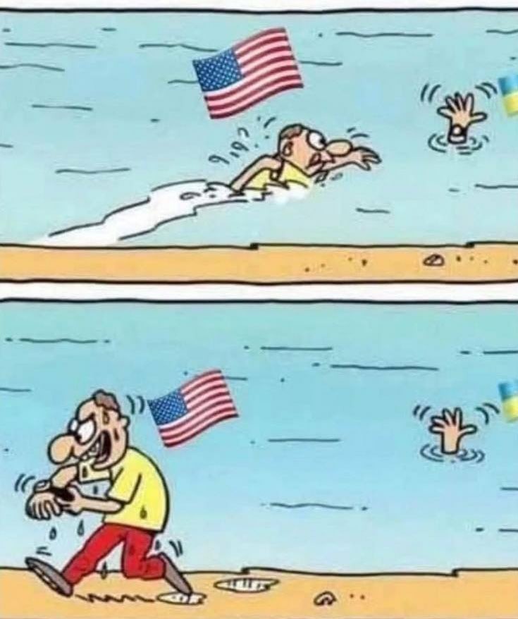 Ein Schwimmer mit USA-Flagge stiehlt einem Ertrinkenden die Uhr.