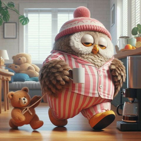 Eule mit Teddybär vor Kaffeemaschine Eule mit Teddybär vor Kaffeemaschine