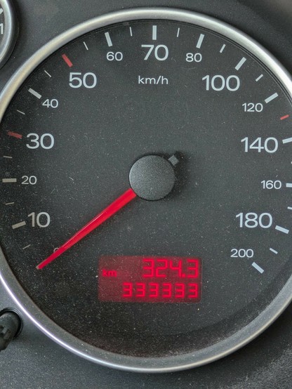 Tachometer eines Auto mit Gesamtkilometeranzeige 333.333