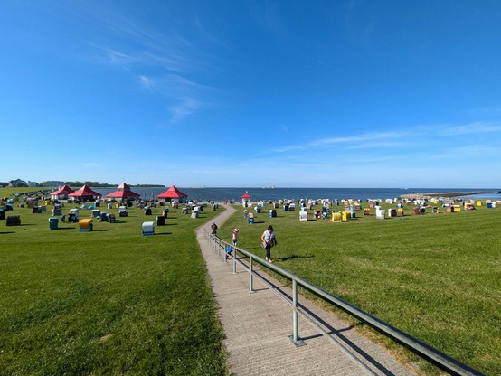 Blick von der Deichkrone über eine grüne Wiese zum Meer. Unten stehen Strandkörbe und Pavilions.