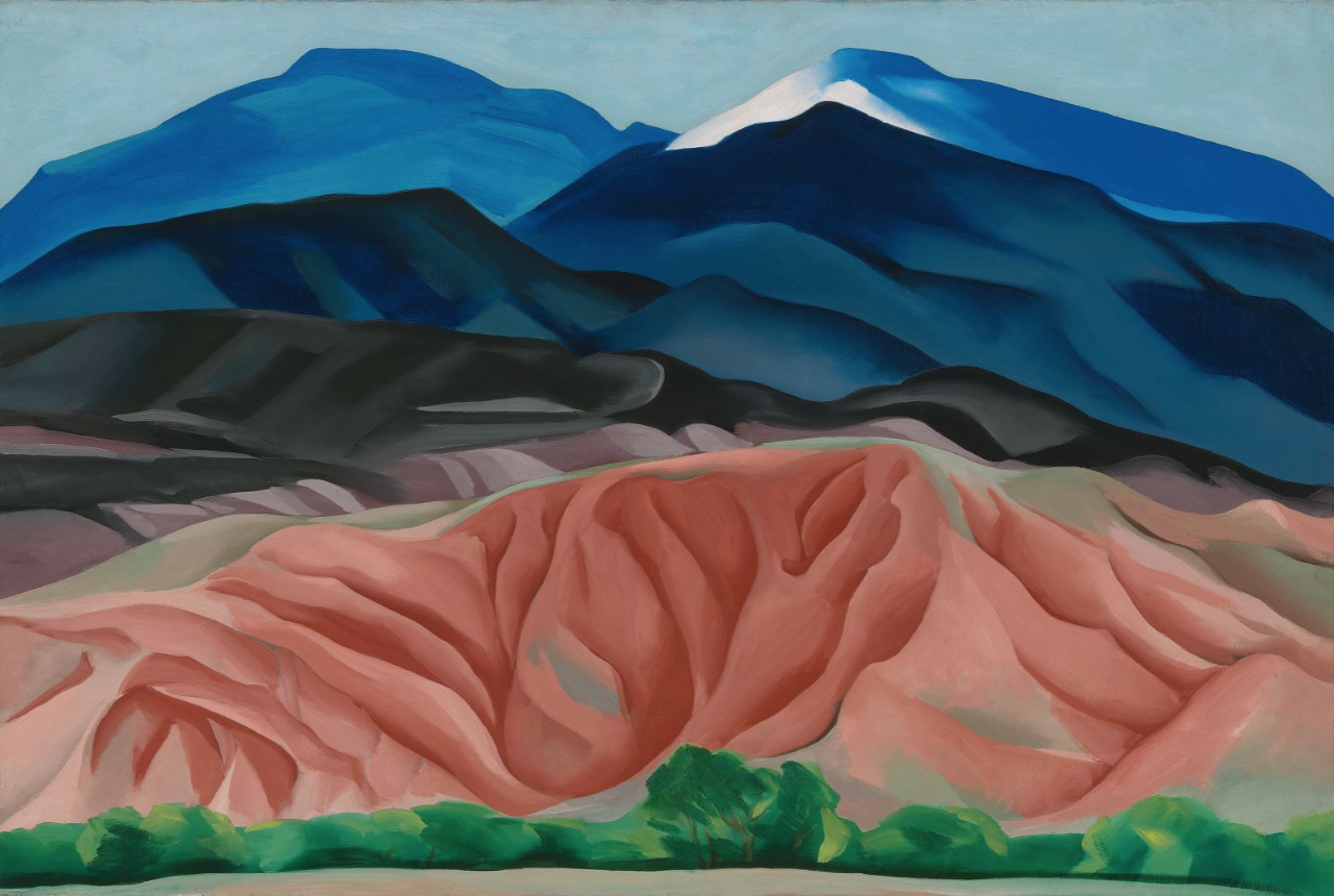 Gemälde Bergige Landschaft in unwirklichen Farben unten grün, darüber rot, violettgrau, dunkelblau und blau, darüber hellblauer Himmel