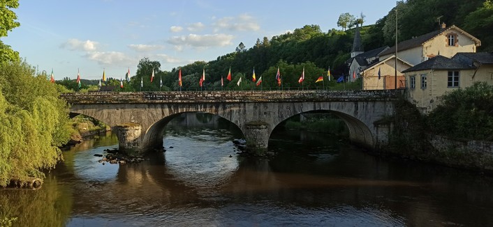 Eine alte Brücke mit drei Rundbögen führt über die Saone. Die Brücke trägt alle Nationalflaggen er europäischen Union an den beiden Seiten des Geländers aufgereiht und über die Länge der Brücke verteilt. Sie wird vom Abendlicht in weiches leicht oranges Licht getaucht. Rechts Häuser, links eine große Trauerweide, die den Brückenkopf verdeckt.