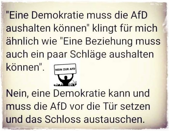 schwarz auf weiß:
"Eine Demokratie muss die AfD aushalten können" klingt für mich ähnlich wie "Eine Beziehung musss auch ein paar Schläge aushalten können".
Nein, eine Demokratie kann und muss die AfD vor die Tür setzen und das Schloss austauschen.

in der mitte der texttafel ist ein piktogramm einer person, die auf einer demo ein schild hochhält auf dem "NEIN ZUR AFD" steht