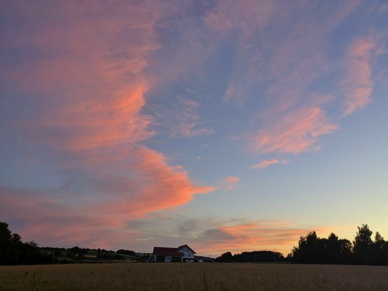 Sonnenuntergang mit rosaorangen Wolken am hellblauen Himmel 