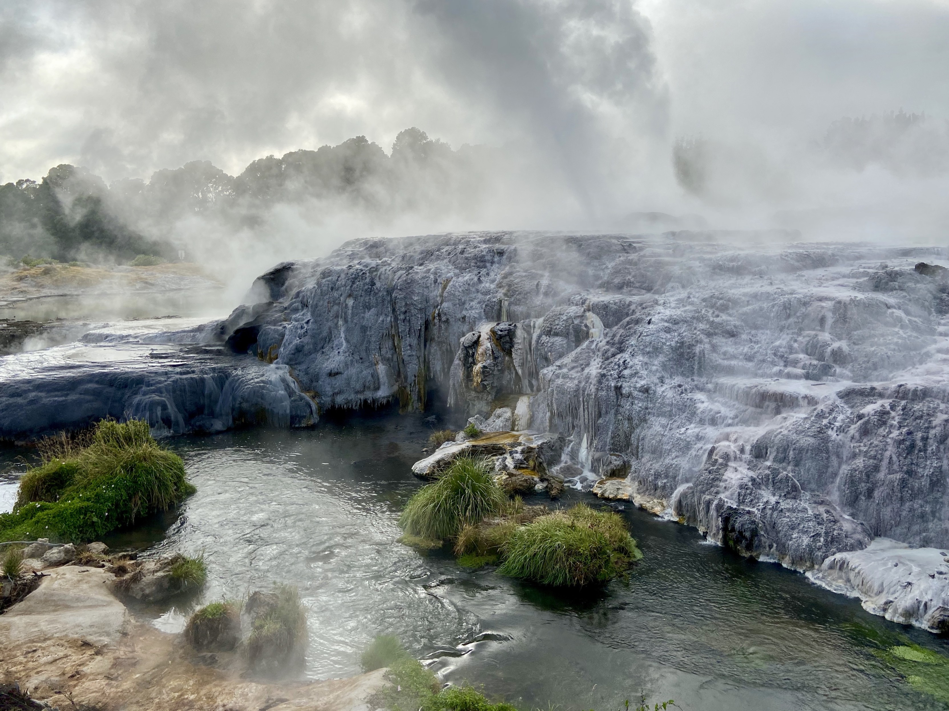 Mein Foto zeigt eine dampfende Landschaft mit einem Gewässer und Grasbüscheln im Vordergrund und von heißem Wasser überströmten Felsen weiter hinten. Mein Foto zeigt eine dampfende Landschaft mit einem Gewässer und Grasbüscheln im Vordergrund und von heißem Wasser überströmten Felsen weiter hinten.
