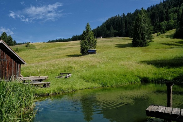 im Vordergrund ein kleiner Teich, dahinter Bergwiese mit ein paar Bäumen. Links eine kleine Holzhütte mit Bank und Tisch davor